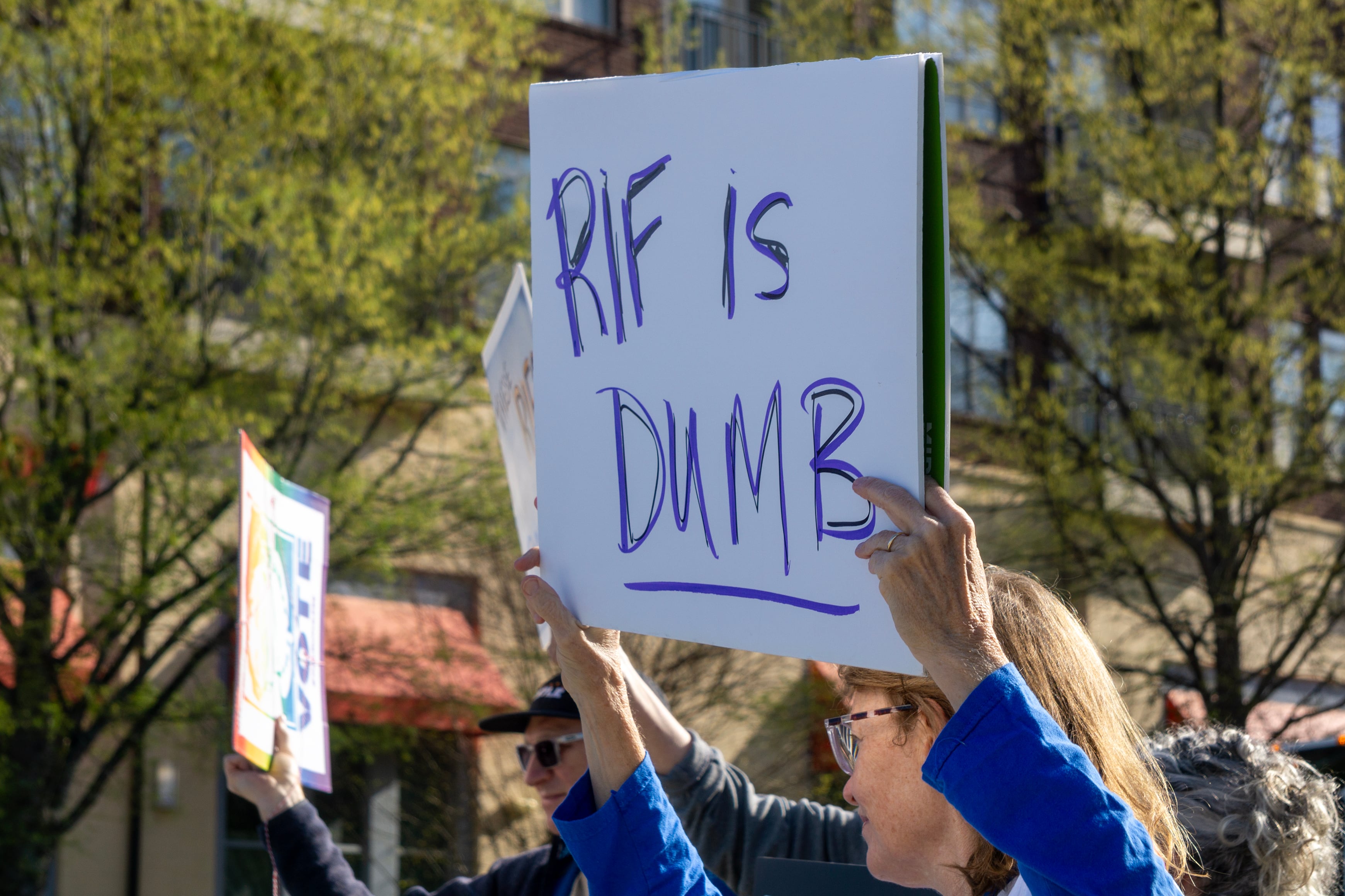A person holds a sign that reads "RIF is DUMB," outside on a sunny day.