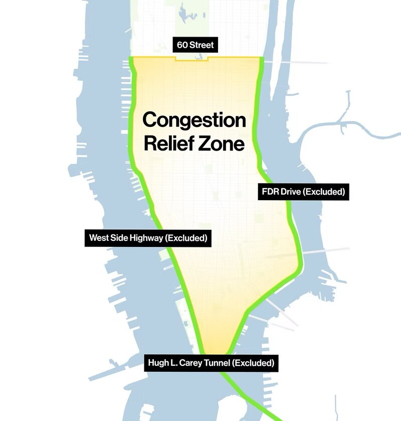 A blue, green, yellow, and white map of lower Manhattan.
