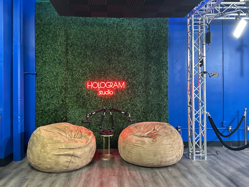 Two bean bags sit in a recording studio.