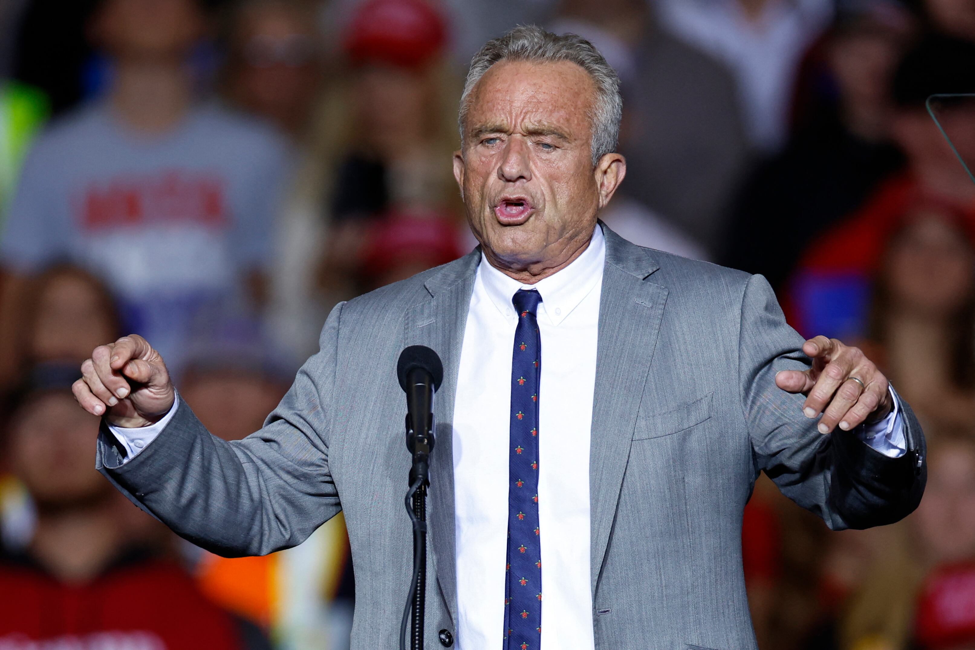 Robert F. Kennedy Jr. speaks at a podium.