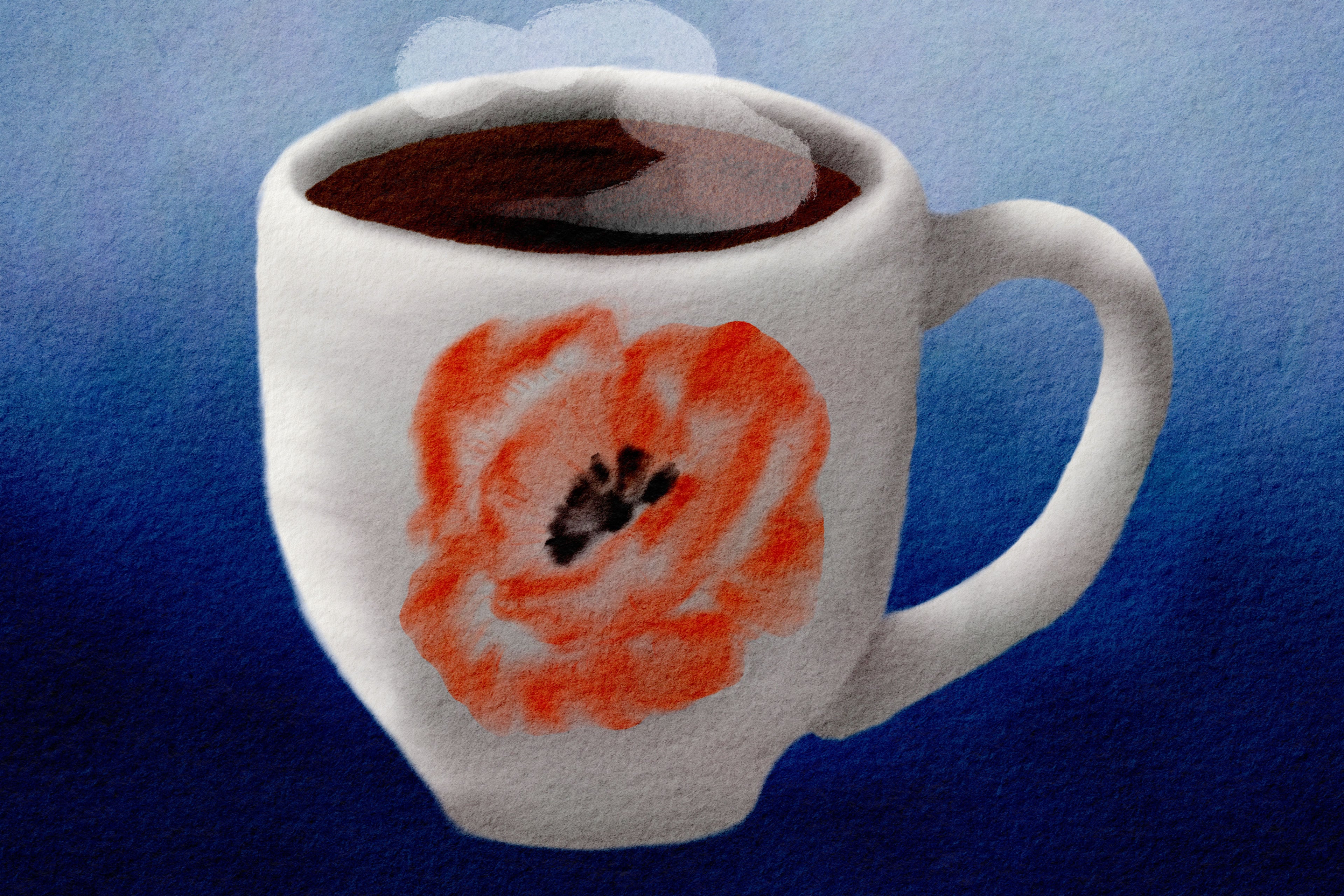 A photo illustration shows a white mug of tea with a red poppy flower on it.