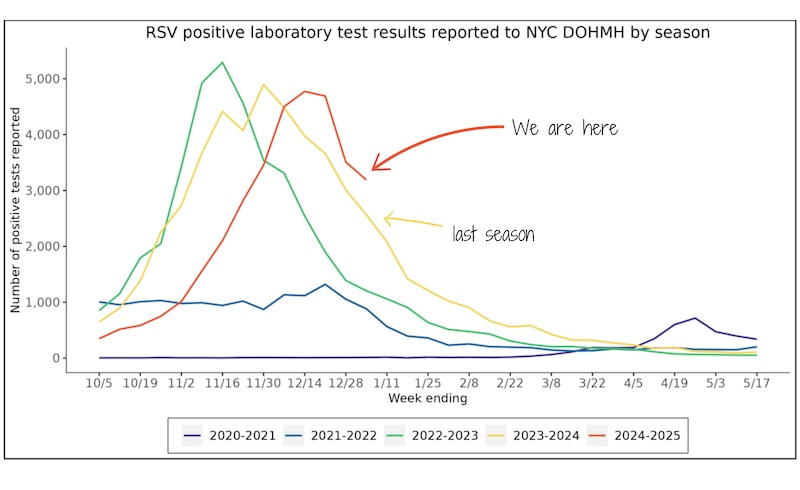 A line graph shows New York City RSV testing data.
