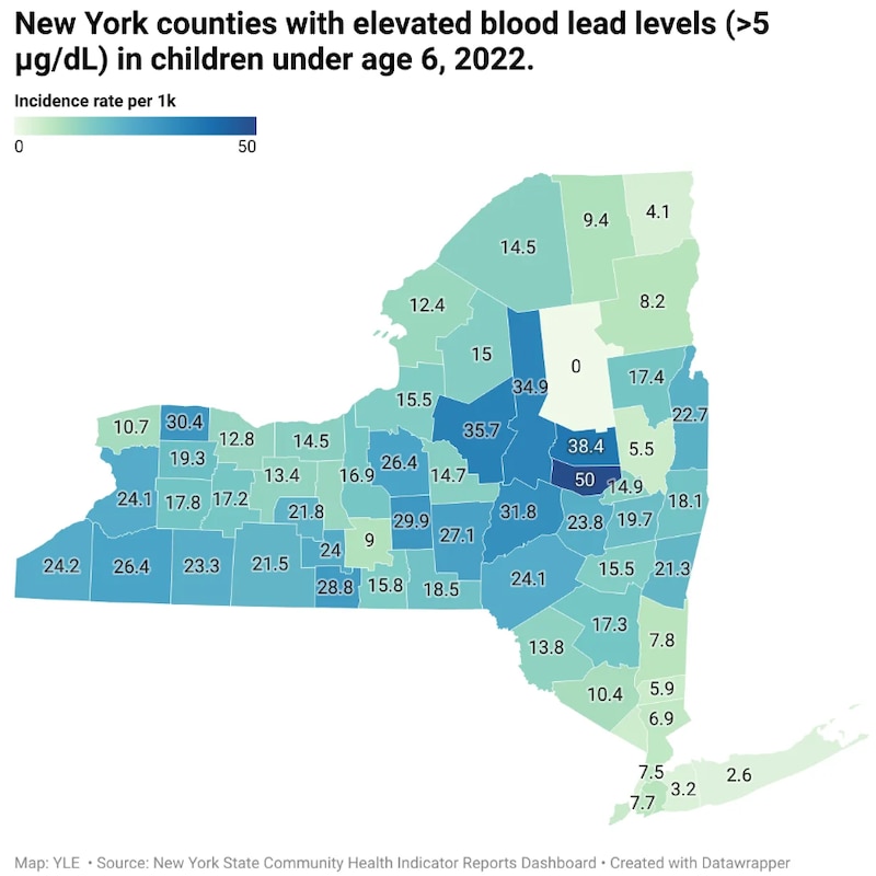 This map shows New York counties with elevated blood levels in children under age 6 in 2022.