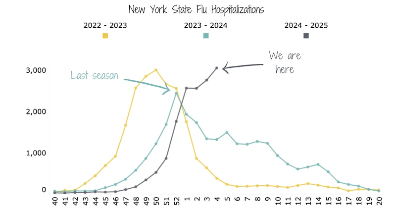 A line graph shows flu hospitalizations in New York