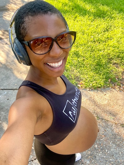 Pregnant Marica Lowe takes a selfie on a nature walk.