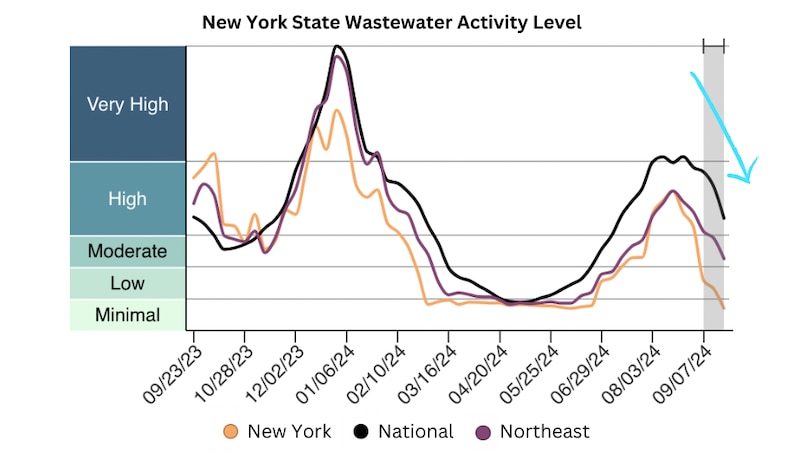 A graph of CDC data shows Covid-19 cases are declining in New York.