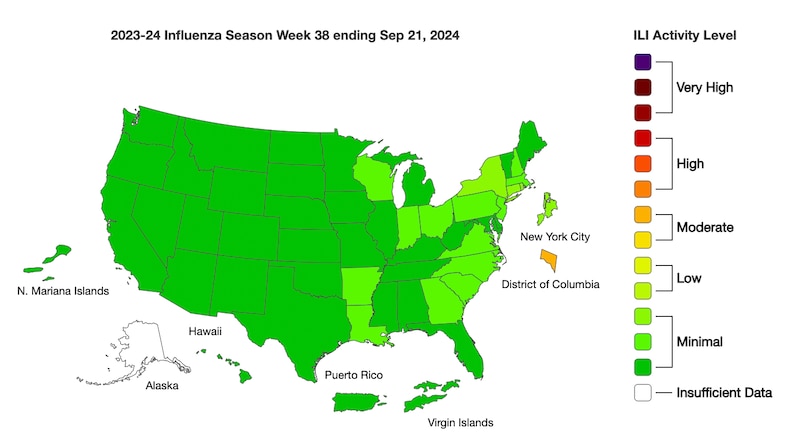 A map of the United States shows data on influenza-like illnesses.