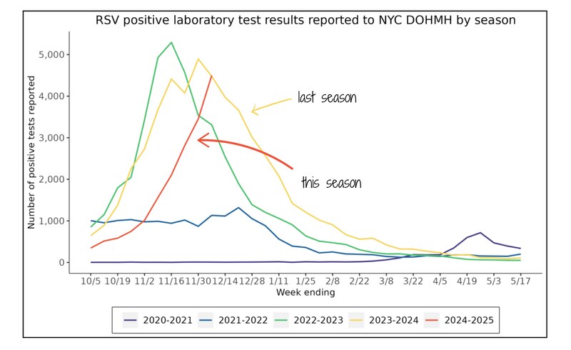 A line graph shows New York City RSV testing data.