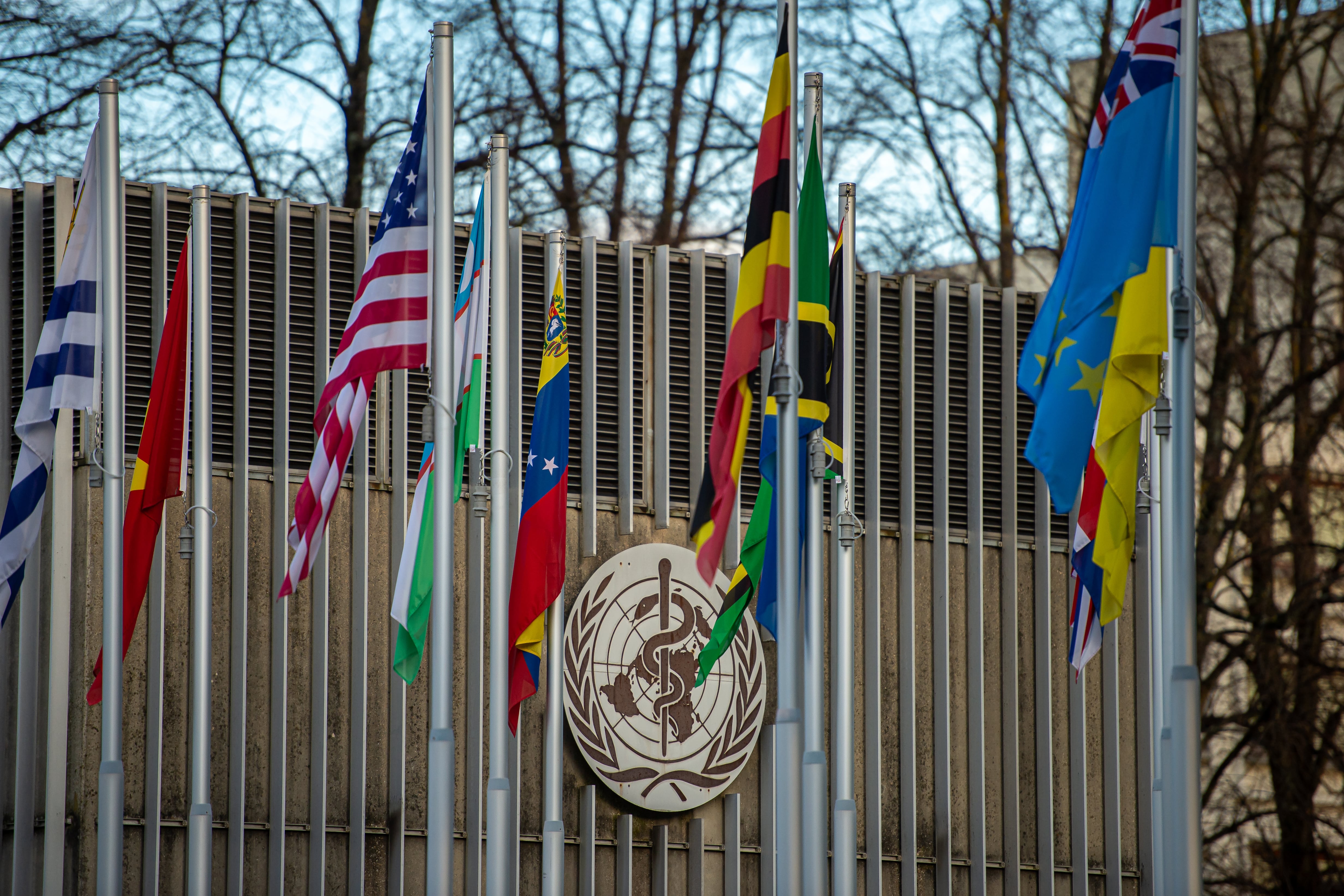 Flags from different countries fly outside the headquarters of the World Health Organization.