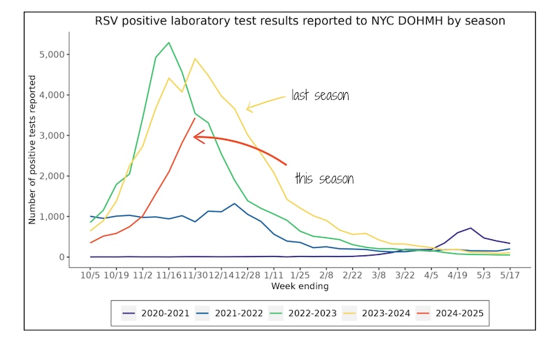 A line graph shows New York City RSV testing data from the Influenza and RSV Surveillance Report.