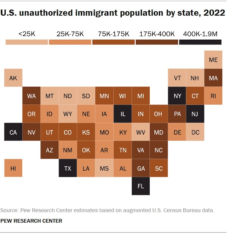 A map of the 50 United States shows immigrant population.