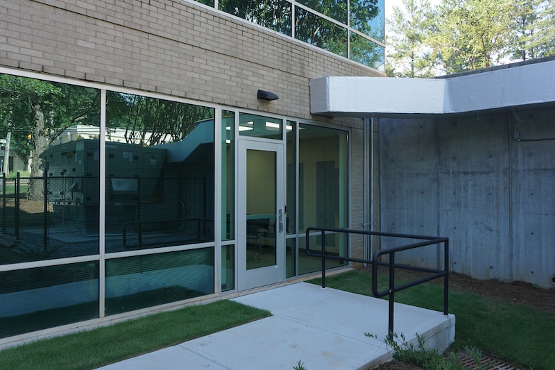 A photograph of a building entrance.