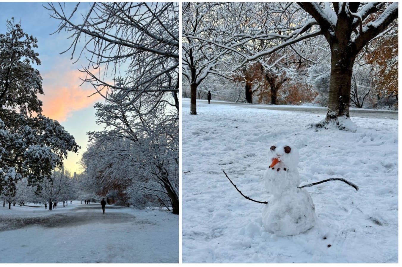 Two images of New York City snowfall - a landscape shot and a small snowman.