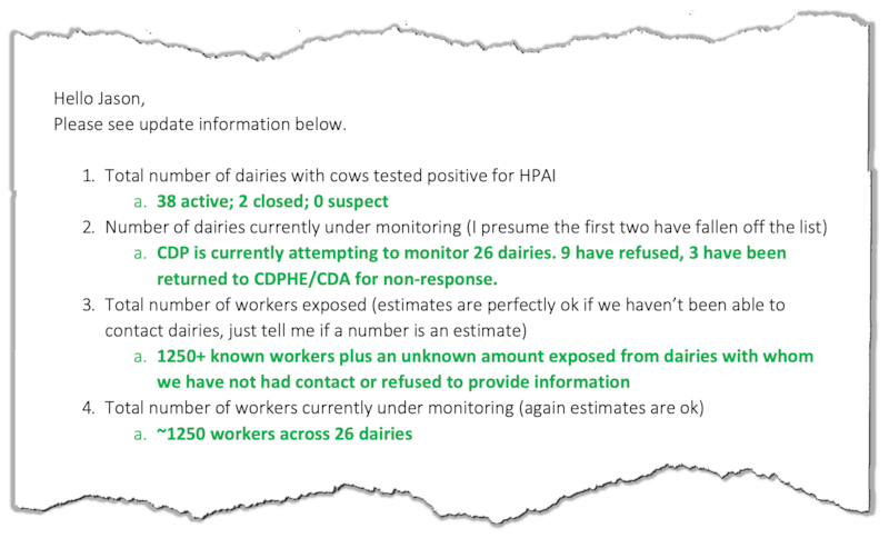 A graphic illustrates the text of an email showing that some workers on farms with bird flu outbreaks weren’t monitored for signs of infection.