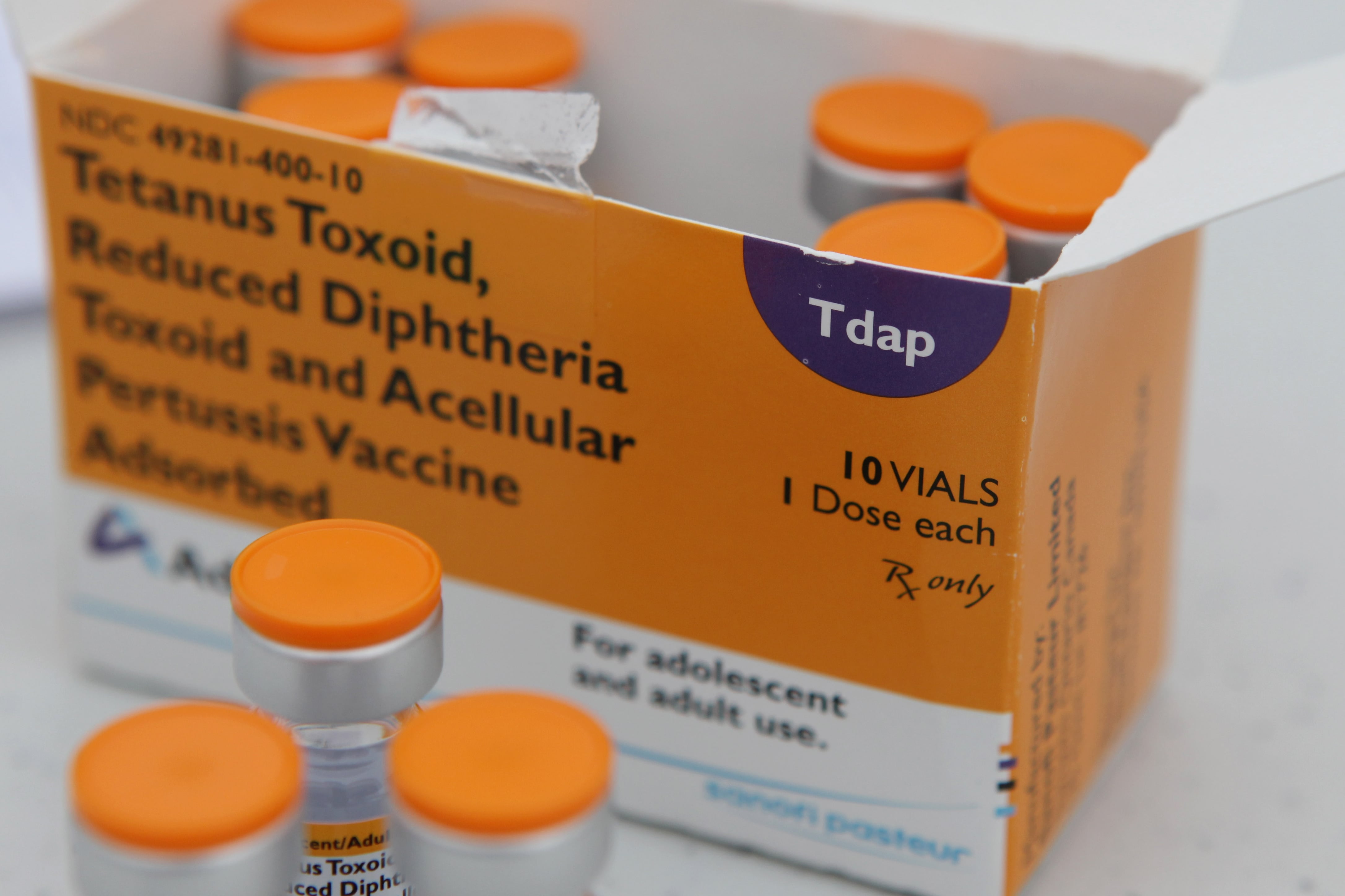Vials and packaging for the Tdap vaccine.