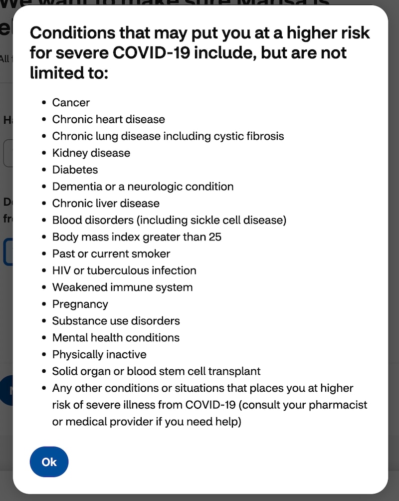 A list of conditions that may put you at higher risk for severe Covid.