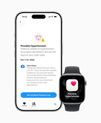 An iPhone screen shows the hypertension alert from an Apple Watch.